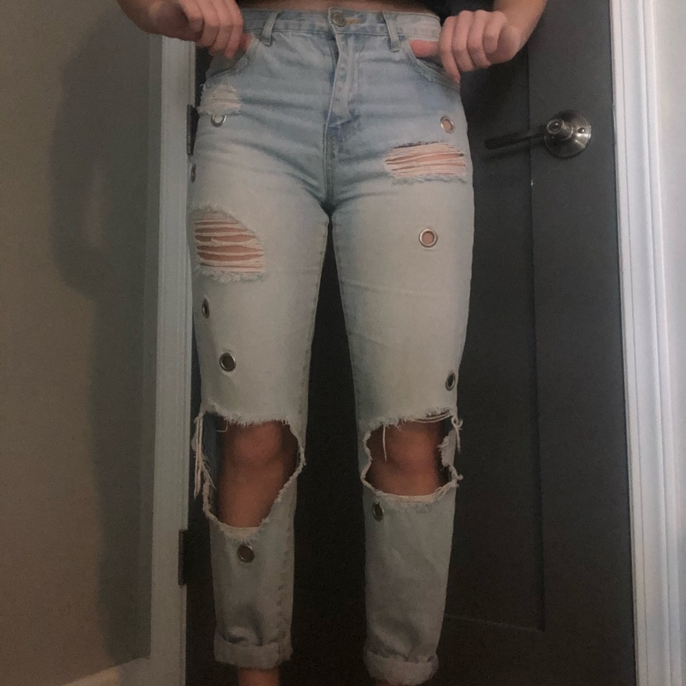 Light-Wash High Waisted Ripped Jeans